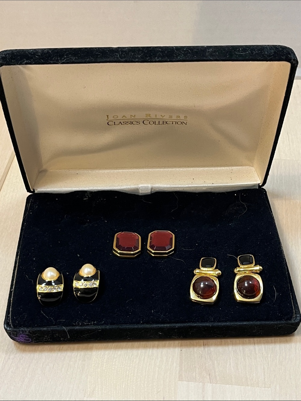 Vintage Joan Rivers Classics Collection Lot of 3 Pierced Earrings in Velvet Box